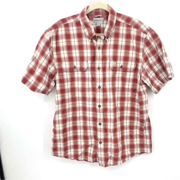 Carhartt Men Size Large Shirt Short Sleeve Top Red White Checkered Plaid Cotton - Picture 3 of 8